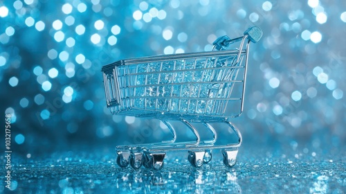 Blue e commerce transition on silver pixelated background with shopping cart designs photo