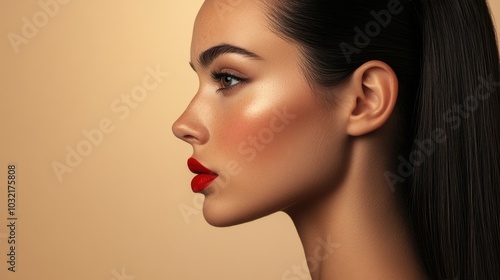 A woman with long black hair and red lipstick, suitable for use in a variety of settings including fashion, beauty, or editorial contexts