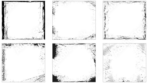 Set of frame different distressed black texture. Distress overlay vector textures. Set of dotted abstract frame. Distressed overlay texture.  collection of 6 grunge frame
