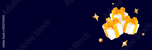 3d three white gift box with yellow ribbon and gold stars on blue isolated background. Vector