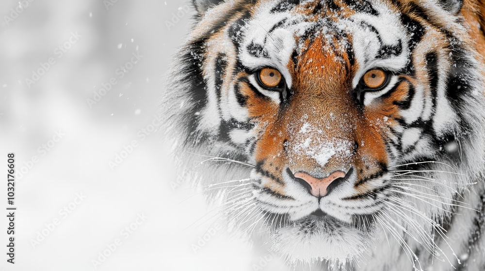Obraz premium A close-up of a Siberian tiger's face with snowflakes falling around it.