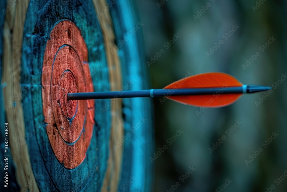 Arrow is hitting the very center of a colorful archery target Arrow is hitting the very center of a colorful archery target