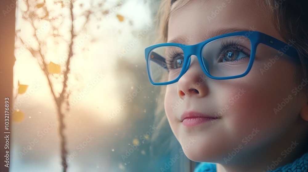 Young child wearing blue glasses focusing on distant tree outside window, symbolizing myopia prevention and importance of outdoor activities. Young child wearing blue glasses focusing on distant tree outside window, symbolizing myopia prevention and importance of outdoor activities.