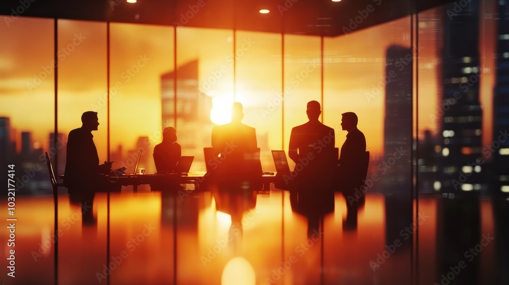 Business Team Meeting in a Modern Office at Sunset. Blurred silhouette of a business team having a meeting in a modern office with city skyline Business Team Meeting in a Modern Office at Sunset. Blurred silhouette of a business team having a meeting in a modern office with city skyline