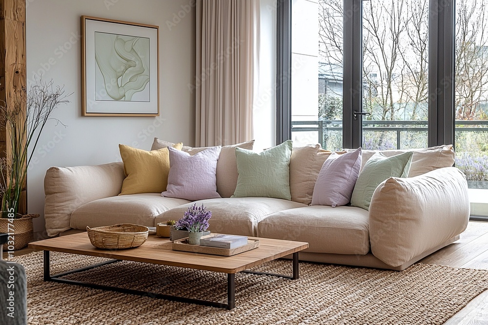 Minimalist, contemporary Japani interiors in the living room with walls and sofas with art frames hanging. Generative AI
Minimalist, contemporary Japani interiors in the living room with walls and sofas with art frames hanging. Generative AI
