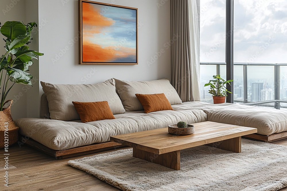 Fototapeta premium Minimalist, contemporary Japani interiors in the living room with walls and sofas with art frames hanging. Generative AI 