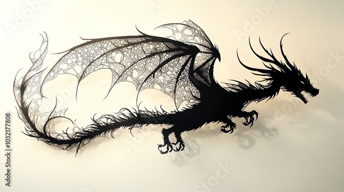 Silhouetted dragon in flight, detailed with intricate paper cut scales and wings, perfect for fantasy or mythologythemed artwork photo