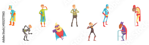 Funny Elderly Man Superhero Wearing Suit and Cape Vector Set