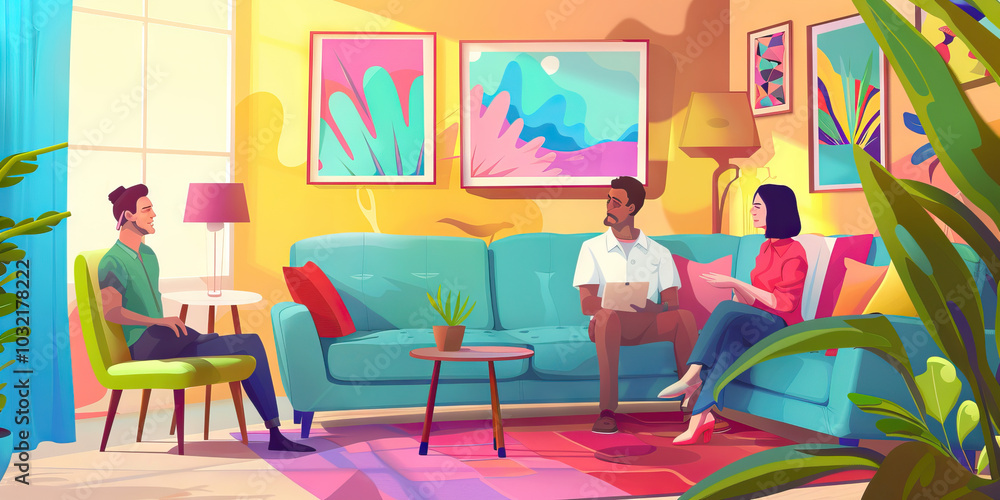 A colorful therapy room with a comfy couch and calming colors, featuring a therapist and client engaging in a meaningful conversation. A colorful therapy room with a comfy couch and calming colors, featuring a therapist and client engaging in a meaningful conversation.