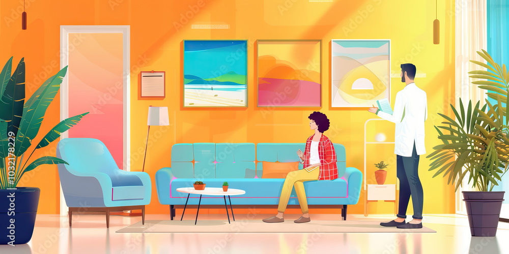 custom made wallpaper toronto digitalA colorful therapy room with a comfy couch and calming colors, featuring a therapist and client engaging in a meaningful conversation.
