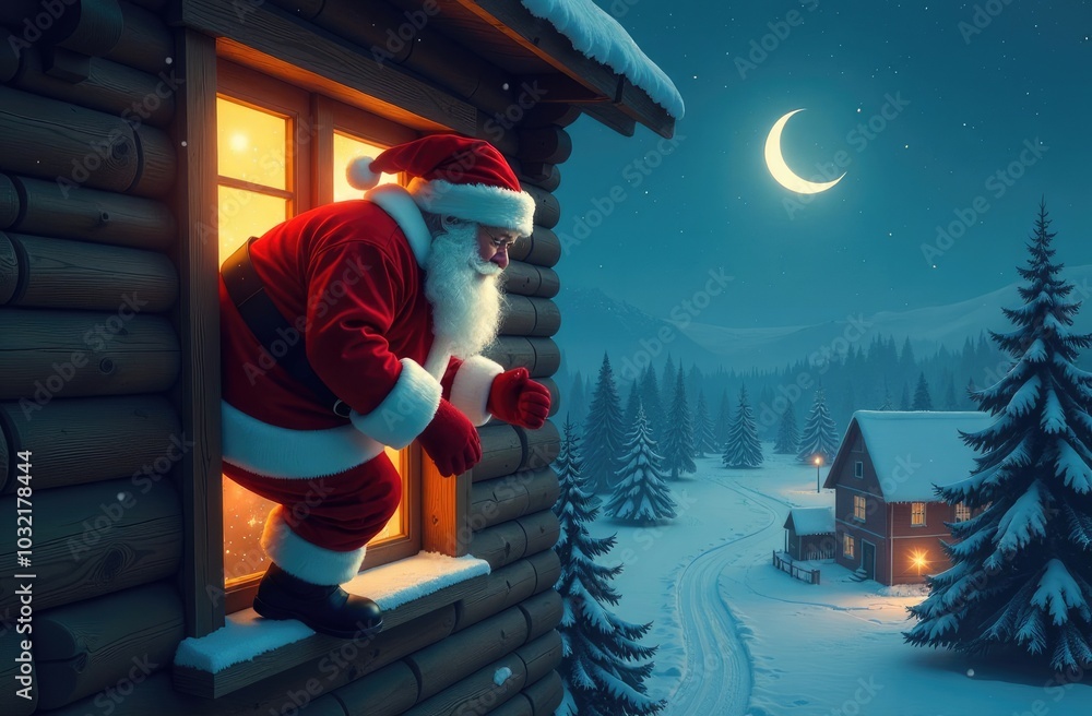 Obraz premium Santa Claus climbs out of the window