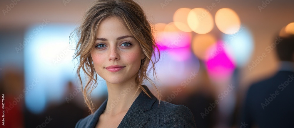 Portrait of a beautiful young woman with brown hair and blue eyes, wearing a black suit jacket. Portrait of a beautiful young woman with brown hair and blue eyes, wearing a black suit jacket.