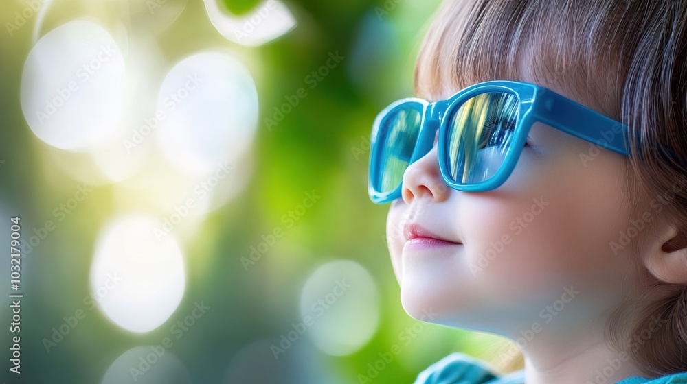 Young child wearing blue glasses focusing on distant tree outside window, symbolizing myopia prevention and importance of outdoor activities. Young child wearing blue glasses focusing on distant tree outside window, symbolizing myopia prevention and importance of outdoor activities.