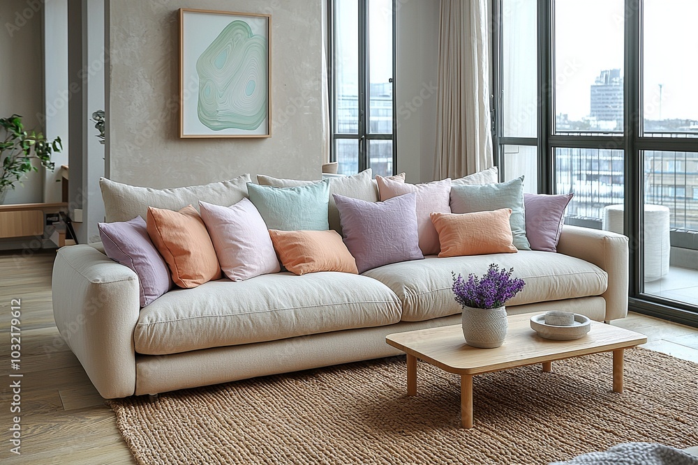 Fototapeta premium Minimalist, contemporary Japani interiors in the living room with windows and sofas. Generative AI 