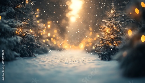 A beautiful winter scene of snowcovered fir trees along a quiet path, enhanced by a sparkling bokeh effect for an inviting New Year background