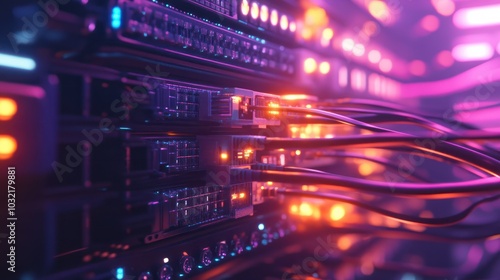 Close-up of network cables connected to a server with glowing lights.