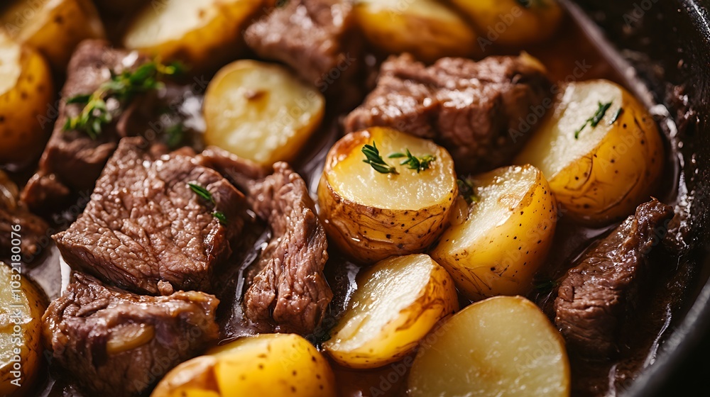 Close-up of Tender Beef Stew with Golden Potatoes and Thyme Close-up of Tender Beef Stew with Golden Potatoes and Thyme