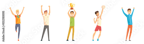 Happy Man Character Rejoice with Achievement and Success Vector Set
