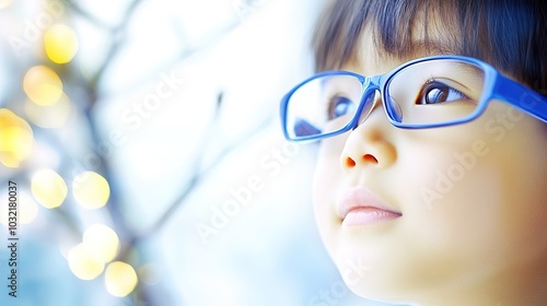 Young child wearing blue glasses focusing on distant tree outside window, symbolizing myopia prevention and importance of outdoor activities.