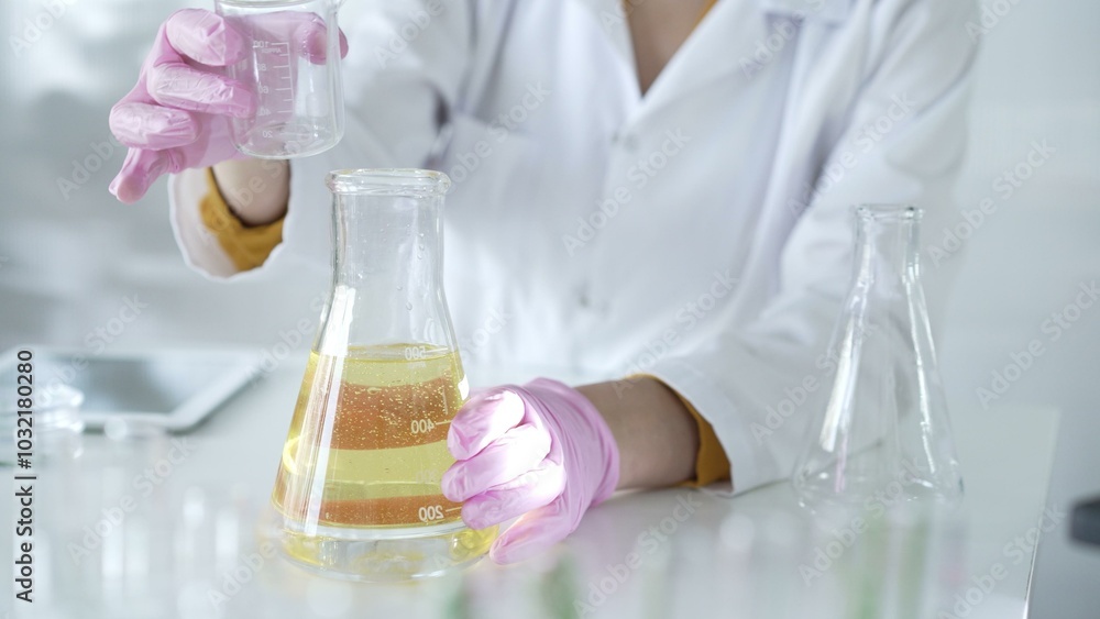 A scientist, wearing a lab coat and pink protective gloves, is pouring a yellow oily liquid from one beaker to another in laboratory, close up. Medicine and science A scientist, wearing a lab coat and pink protective gloves, is pouring a yellow oily liquid from one beaker to another in laboratory, close up. Medicine and science