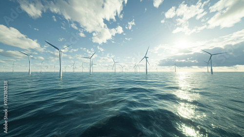 A serene view of offshore wind turbines in a vast ocean under a bright sky.