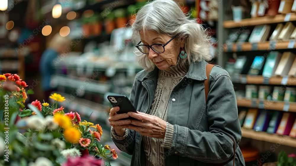 A charming grandmother takes a photo of supermarket flowers, enjoying her shopping. A charming grandmother takes a photo of supermarket flowers, enjoying her shopping.