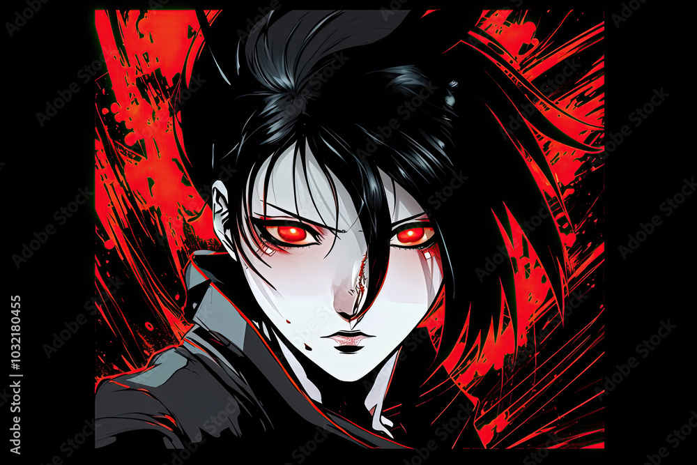 Manga style illustration of a woman with red eyes. Manga style illustration of a woman with red eyes.