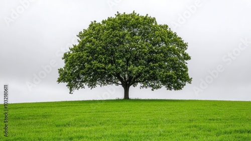 A single, large, green tree stands alone in a grassy field against a cloudy sky.