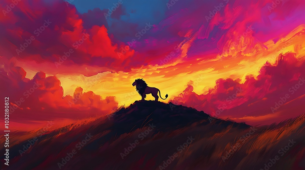 Fototapeta premium Silhouette of a lion standing on a hilltop against a vibrant sunset sky
