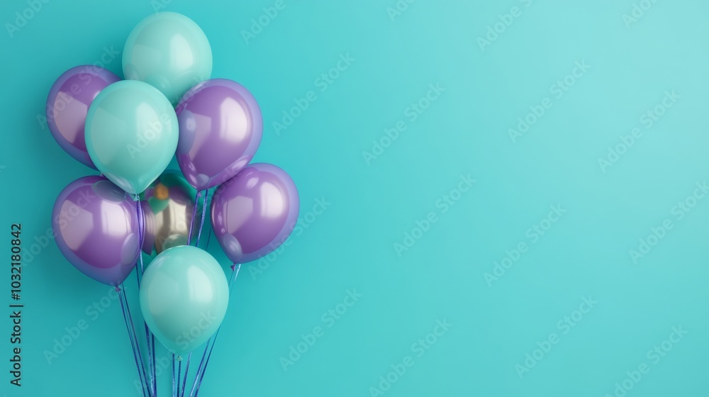 vibrant photograph of a bunch of balloons in purple and mint green set against an aqua blue background, symbolizing celebration and joy, with copy space ideal for advertising design templates vibrant photograph of a bunch of balloons in purple and mint green set against an aqua blue background, symbolizing celebration and joy, with copy space ideal for advertising design templates