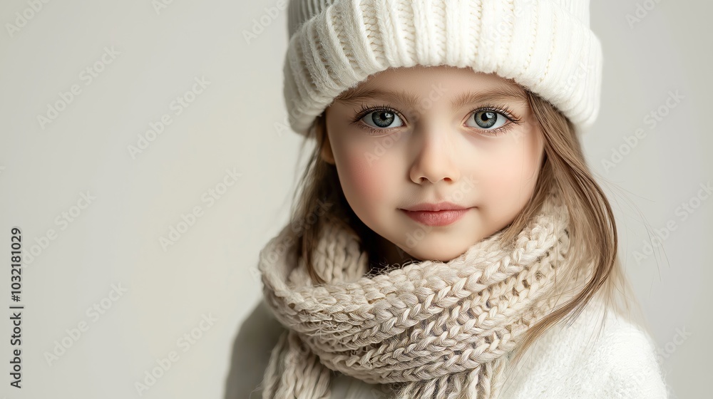 close-up portrait of an adorable little girl wearing a white winter hat and scarf, illuminated by soft studio lighting against a light grey background, capturing her innocent eyes with a gentle color close-up portrait of an adorable little girl wearing a white winter hat and scarf, illuminated by soft studio lighting against a light grey background, capturing her innocent eyes with a gentle color