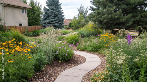 A natural landscape with wildflowers  native plants  and winding paths  maintained without chemicals  creating a habitat for local wildlife in a peaceful suburban setting