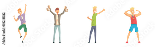 Happy Man Character Rejoice with Achievement and Success Vector Set