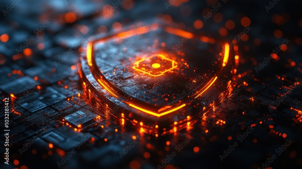 Glowing shield symbol on a futuristic tech background. Glowing shield symbol on a futuristic tech background.