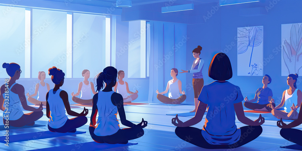 A calming blue-themed yoga class for mental health patients, with a teacher guiding them through poses and deep breathing exercises.
