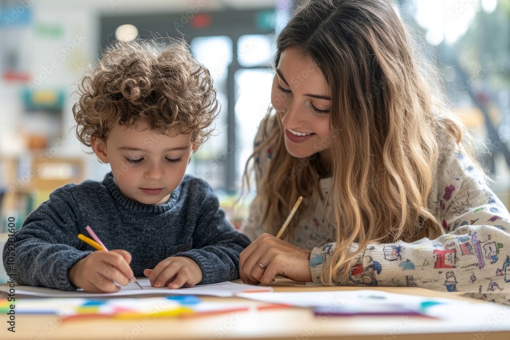 Female infant school teacher working one on one with a young schoolboy, sitting at a table writing in a classroom, front view, Generative AI Female infant school teacher working one on one with a young schoolboy, sitting at a table writing in a classroom, front view, Generative AI