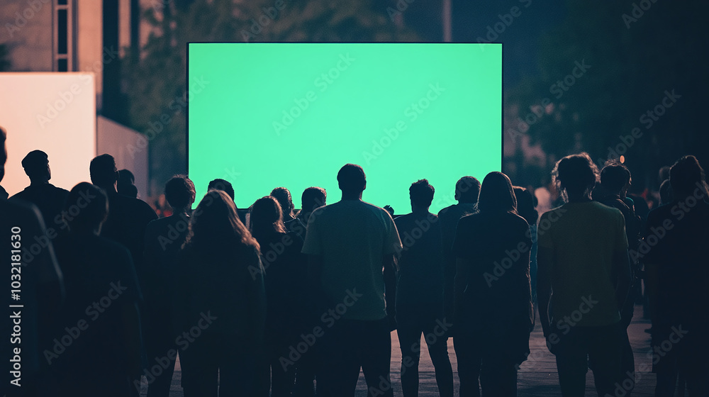 3d realistic render of a crowd looking to big huge green screen monitor chroma key crowds of audience people, watching outdoors public display dark atmosphere location place horizontal composition 3d realistic render of a crowd looking to big huge green screen monitor chroma key crowds of audience people, watching outdoors public display dark atmosphere location place horizontal composition
