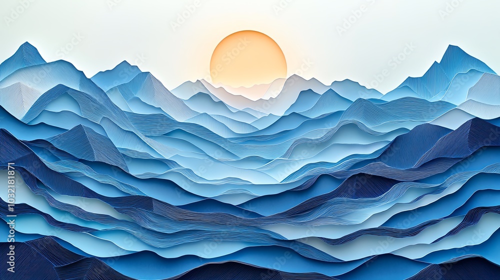Fototapeta premium Layered mountain landscape silhouette with intricate paper cut designs, depth and texture for travel and adventure themes