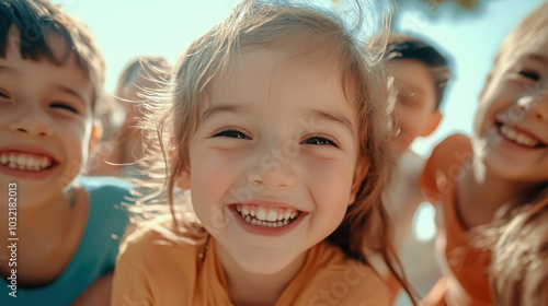 A joyful group of children smiling and having fun outdoors.