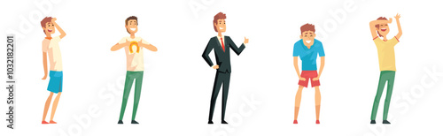 Happy Man Character Rejoice with Achievement and Success Vector Set