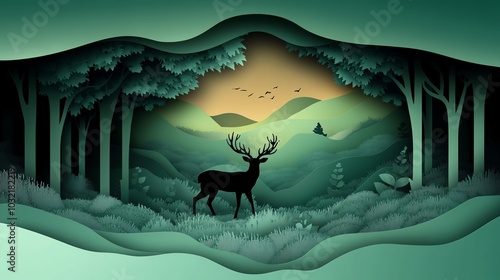 Silhouette of a deer standing in a layered forest, paper cut effect, elegant and serene nature scene for wildlifethemed projects photo