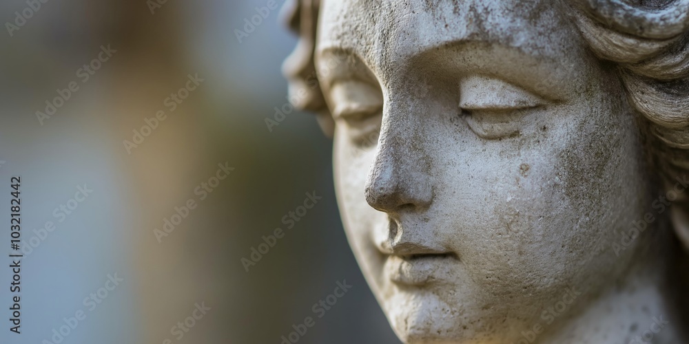 Close-up of an antique stone statue showing serene expression, evoking timeless peace and calm reflections. Close-up of an antique stone statue showing serene expression, evoking timeless peace and calm reflections.