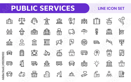 Set of outline Public Services icons. Minimalist thin linear web icon set. Line icons related to public utilities. Gas, electricity, water, heating.