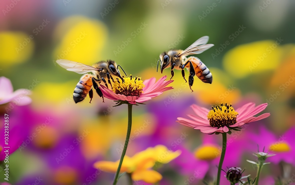 Bees flying between vibrant flowers, pollinating each bloom, and contributing to the lush growth of plants in a colorful garden setting Bees flying between vibrant flowers, pollinating each bloom, and contributing to the lush growth of plants in a colorful garden setting