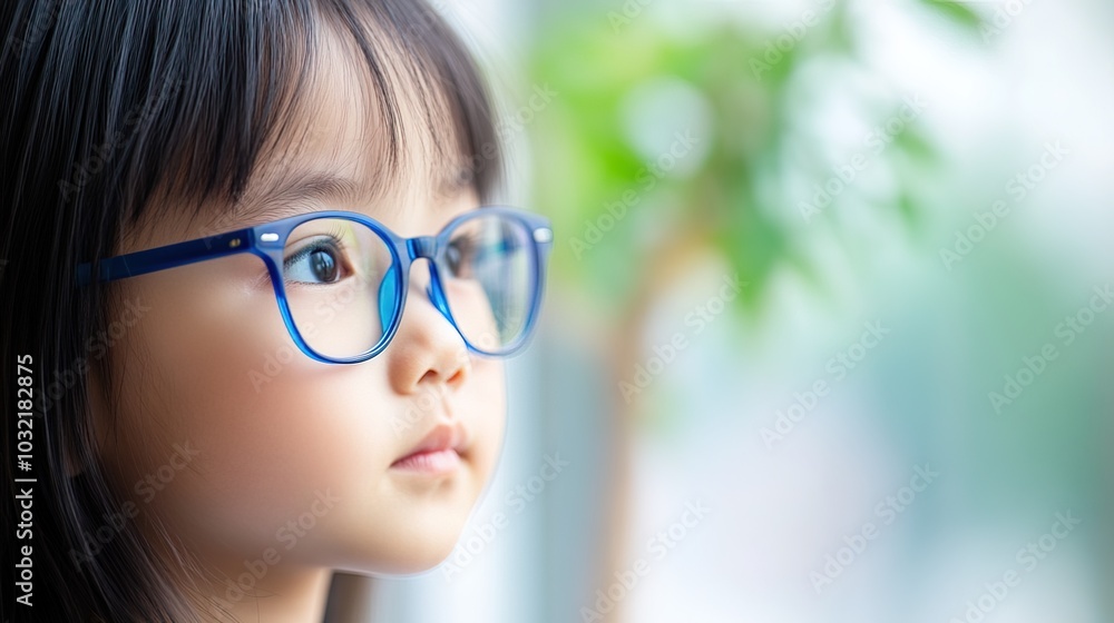 Young child wearing blue glasses focusing on distant tree outside window, symbolizing myopia prevention and importance of outdoor activities. Young child wearing blue glasses focusing on distant tree outside window, symbolizing myopia prevention and importance of outdoor activities.