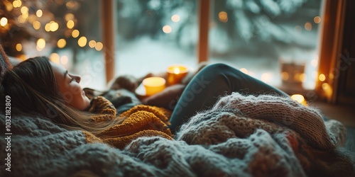 A woman lying down by lit candles, relaxing in a warm and inviting home environment, exuding coziness and peace. photo