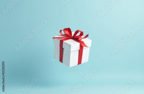 white gift boxes with red satin ribbon flying on a blue background