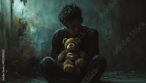 In a dimly lit, decaying room, a sad boy clutches his teddy bear, with muted tones emphasizing his isolation and vulnerability, symbolizing lost innocence