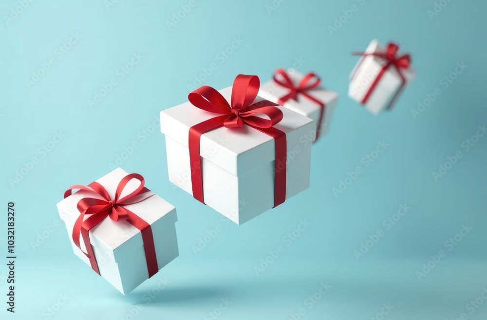 white gift boxes with red satin ribbon flying on a blue background white gift boxes with red satin ribbon flying on a blue background