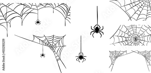 Spider web vector clip art set, line art illustrations, Halloween banner elements, isolated